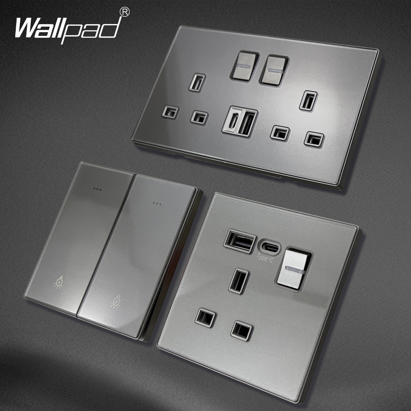 英式墙壁开关插座灰色钢化玻璃大板开关13A带USB A+C 20W厨房插座
