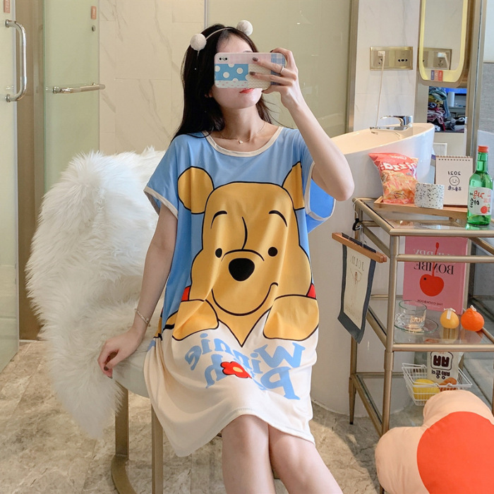 Camisón de las mujeres del verano Delgado manga corta nueva línea rojo estilo pijamas dibujos animados lindo señoras vestido flojo desgaste hogar