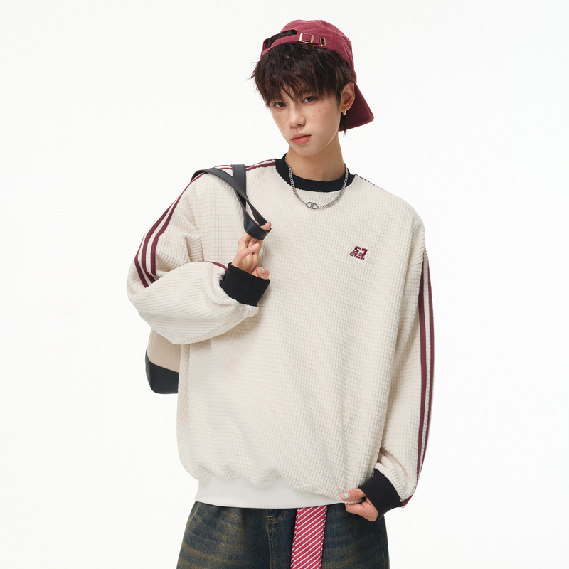 Han Lu | Retro American-Style Textured Waffle Heavy-Duty Crewneck Sweatshirt for Men, Autumn Sports Casual Color-Block Pullover Q Han Lu | Retro American-Style Textured Waffle Heavy-Duty Crewneck Sweatshirt for Men, Autumn Sports Casual Color-Block Pullover Q
