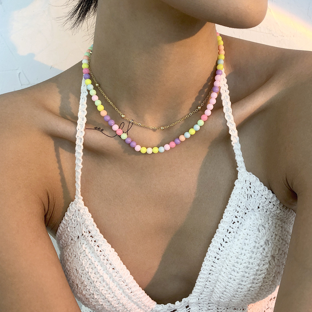 N9056 European And American Retro Double-layer Clavicle Chain Bohemian Ethnic Style Necklace Personalized Simple Bead Necklace For Women display picture 3