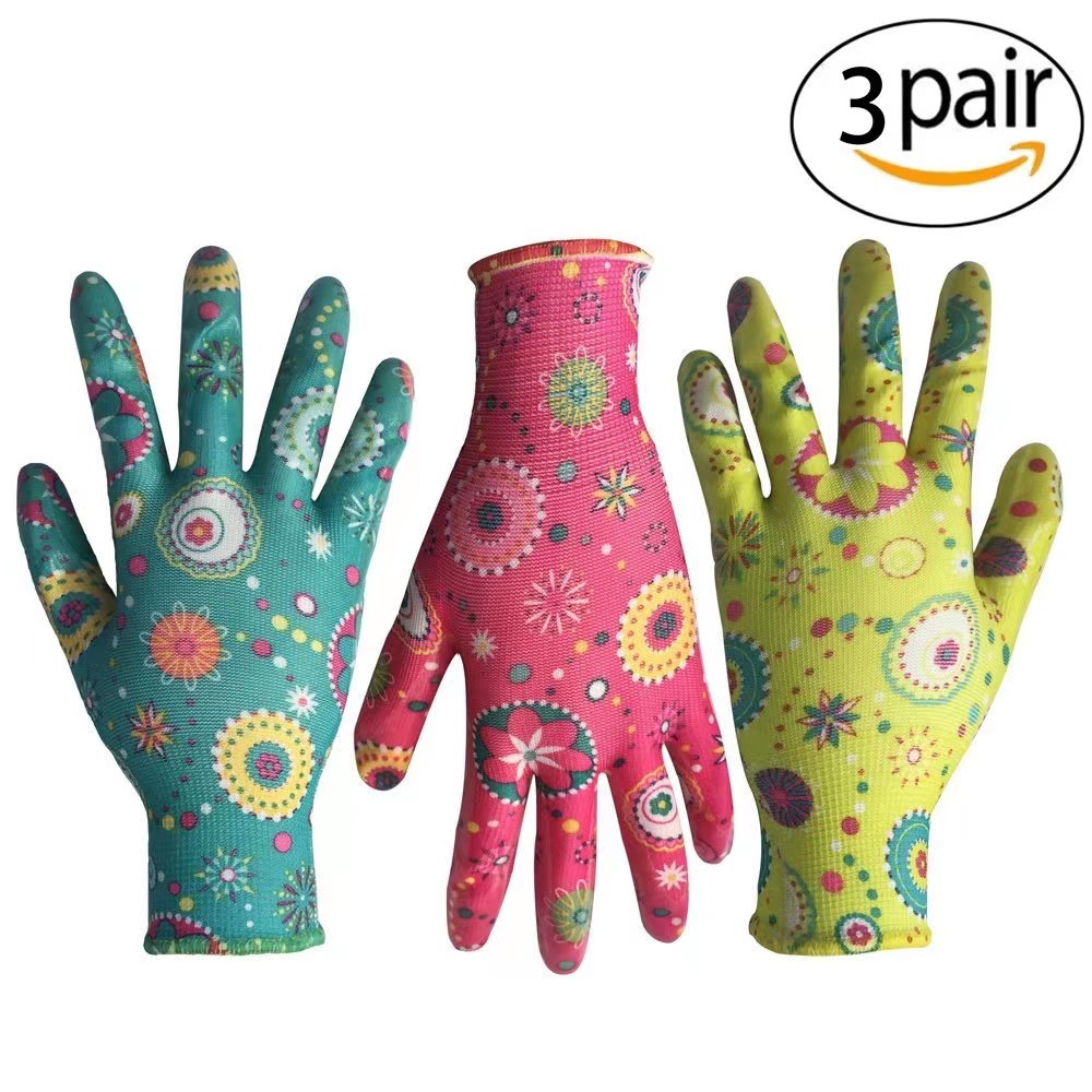Guantes de jardín de nitrilo, 13 agujas, diseño para exportación a Rusia, fabricación Qingdao.