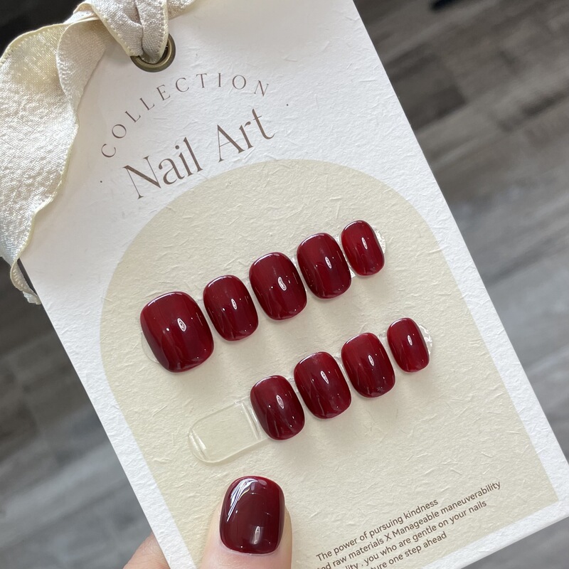 [Pure handmade real shot] Japanese fake nail patch cherries dark red Cold Phoenix simple solid color