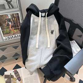 加肥大码300斤拼色开衫卫衣女春秋薄款连帽宽松慵懒风上衣外套