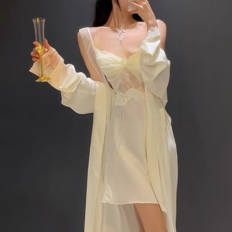 Summer New Ice Silk Nightgown for Women Pure Lust Style Sexy Suspender Robe Fairy Style High-End Home Wear Two-Piece Set