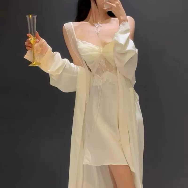 夏季新款冰丝睡裙女纯欲风性感吊带外袍仙女风高级感家居服两件套