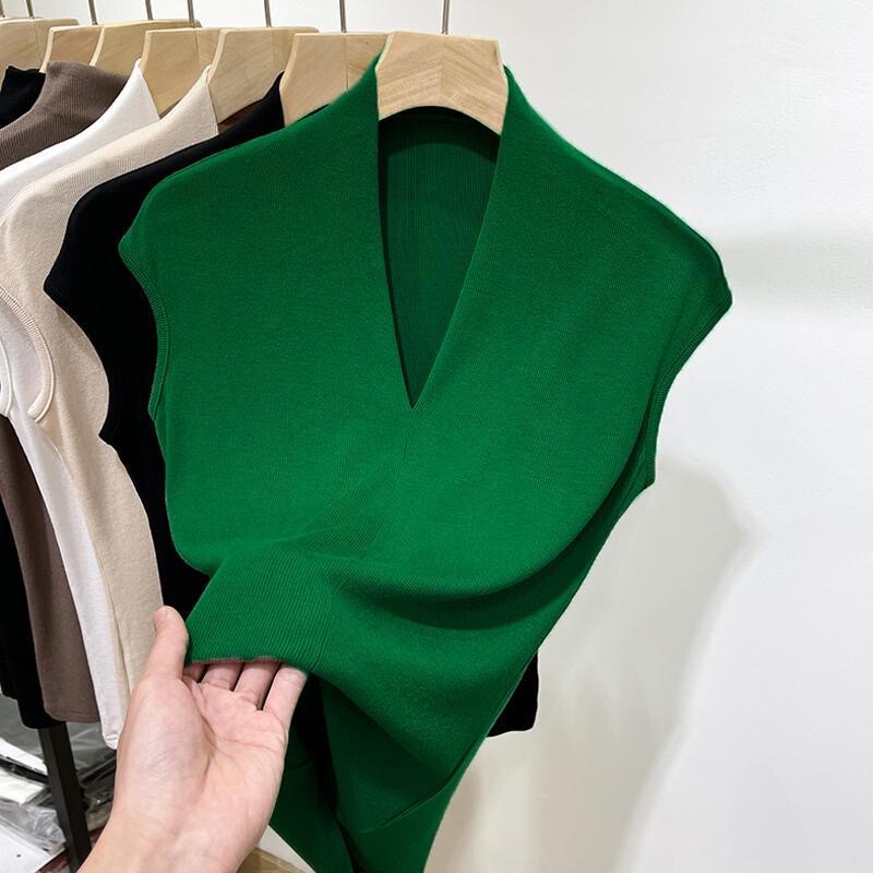 Super Soft Knitted Version High-end Sense V-neck Short-sleeved T-shirt Women's Summer New Korean-style Women's Clothing Inner Tight Top for Women
