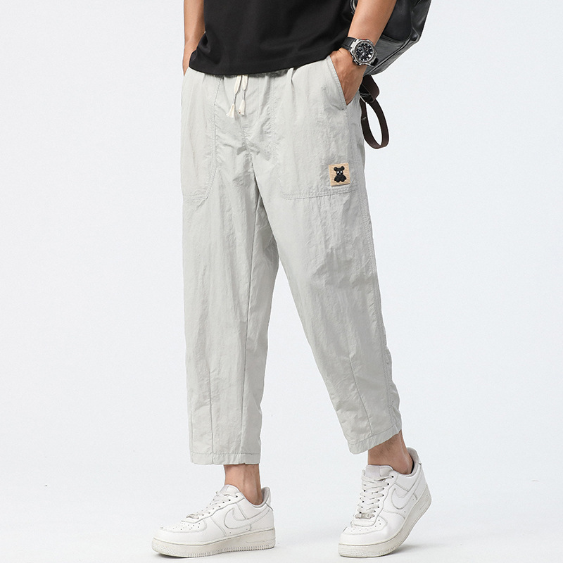 Ice Silk Cropped Tooling Pants Men's 2024 Summer Thin Loose Straight Casual Cropped Cropped Quick-drying Sports Pants