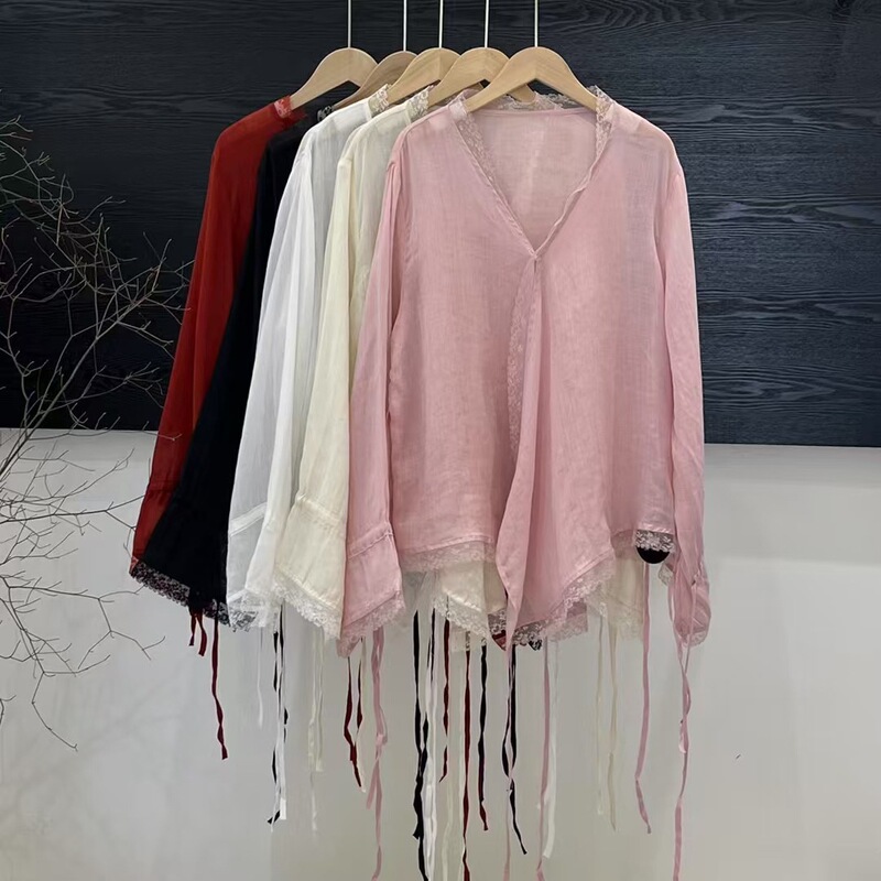 Nami 2025 Summer New Artistic Style Clear and Transparent Sense High Set Lace Lace Ramie Buckle Small Shirt Lace Shirt