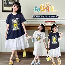 女宝网纱拼接连衣裙夏装中大童夏季新款休闲风时尚韩版卡通T恤裙