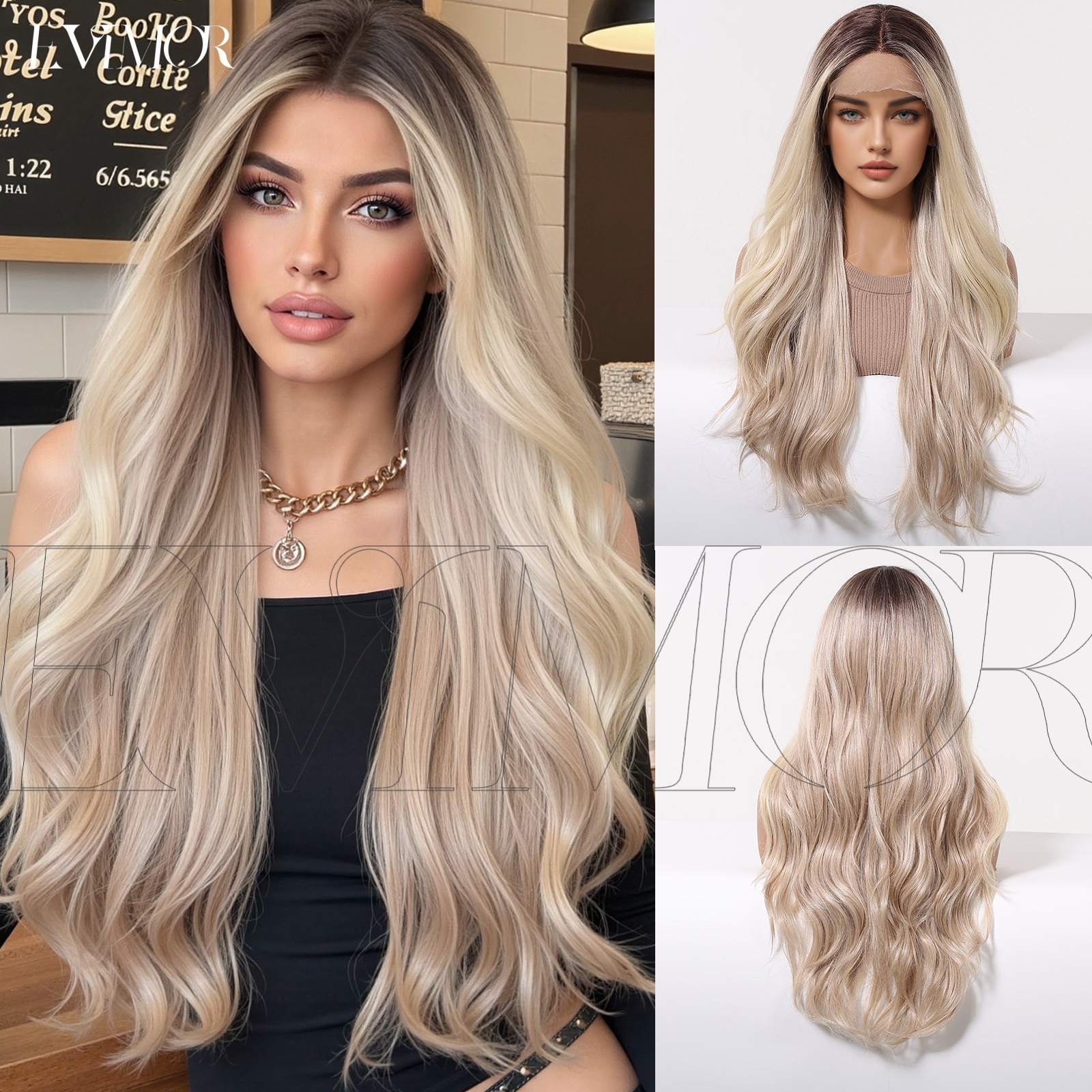 Ventas transfronterizas calientes gancho de mano pequeña T frente peluca de encaje mujer cubierta de cabeza completa oro gradiente dividido en rollo largo encontrado encaje