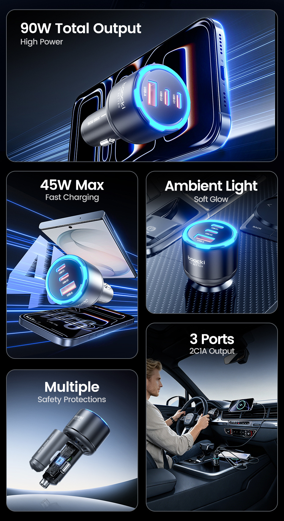 Toocki Cross-Border 90W Ambient Light Three-In-One Super Fast Charging Charger Car Cigarette Lighter Charging Head