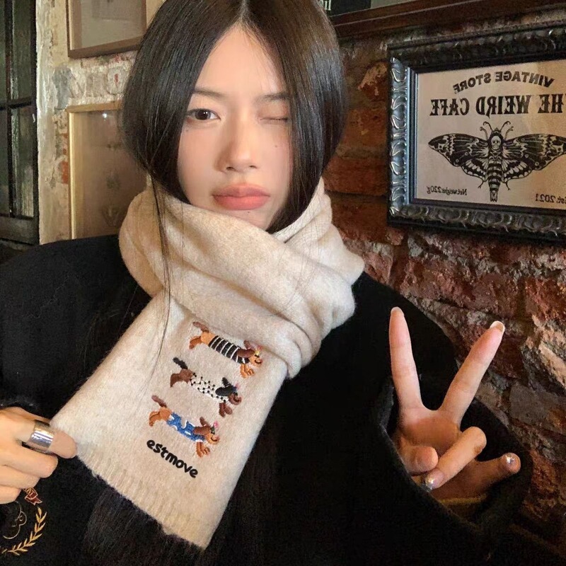 针织毛线帽女小狗刺绣秋冬显脸小保暖防寒韩系氛围感围巾帽子套装|undefined