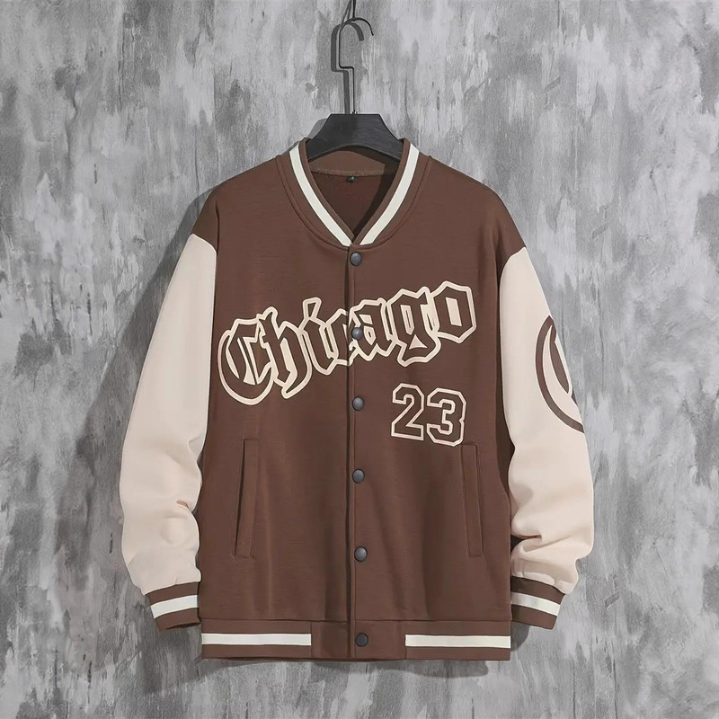 Men Letter Print Baseball Collar Bomber Jacket Loose Casual Sport Long Sleeve Varsity Jacket for Autumn Winter