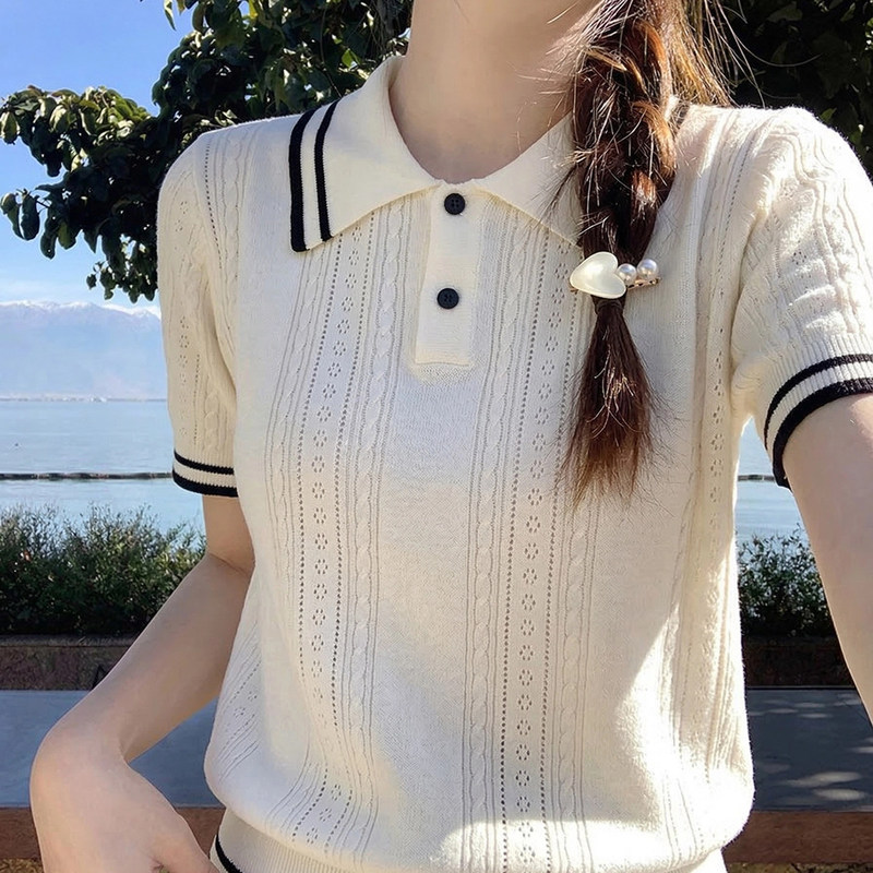 White Polo Collar Short-Sleeve Knit Top for Women, 2026 Summer New Versatile T-Shirt, Unique and Beautiful, Very Attractive Top