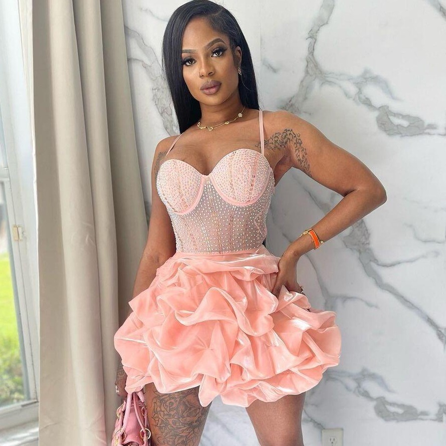 SOURCE Factory cross-border foreign trade women's clothing fashion heavy industry rhinestone sexy sling fluffy cake dress dress