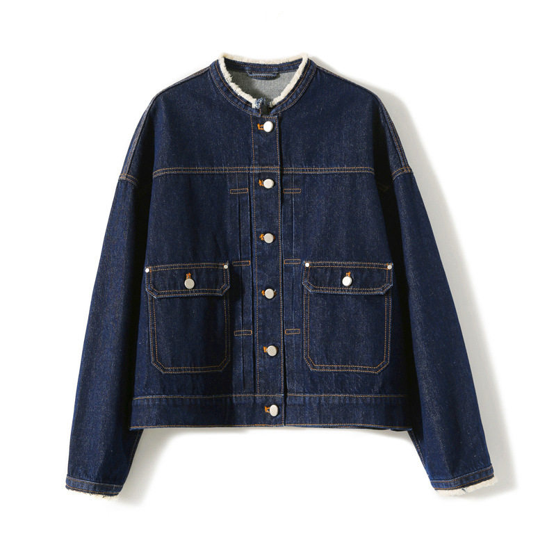 Áo khoác denim nữ cổ tròn tay dài màu xanh đậm phong cách vintage tôn dáng — Màu xanh đậm