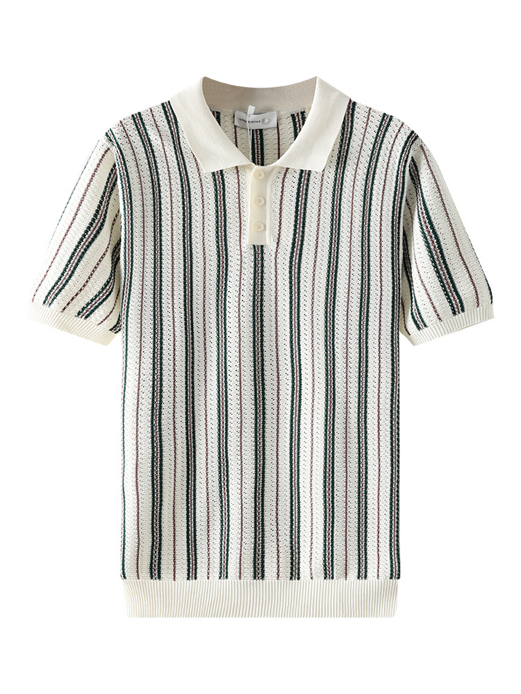 Hombres de alto nivel de negocios casuales hielo rayas polo camisa de verano agujerado de punto con solapa de manga corta chaqueta transpirable