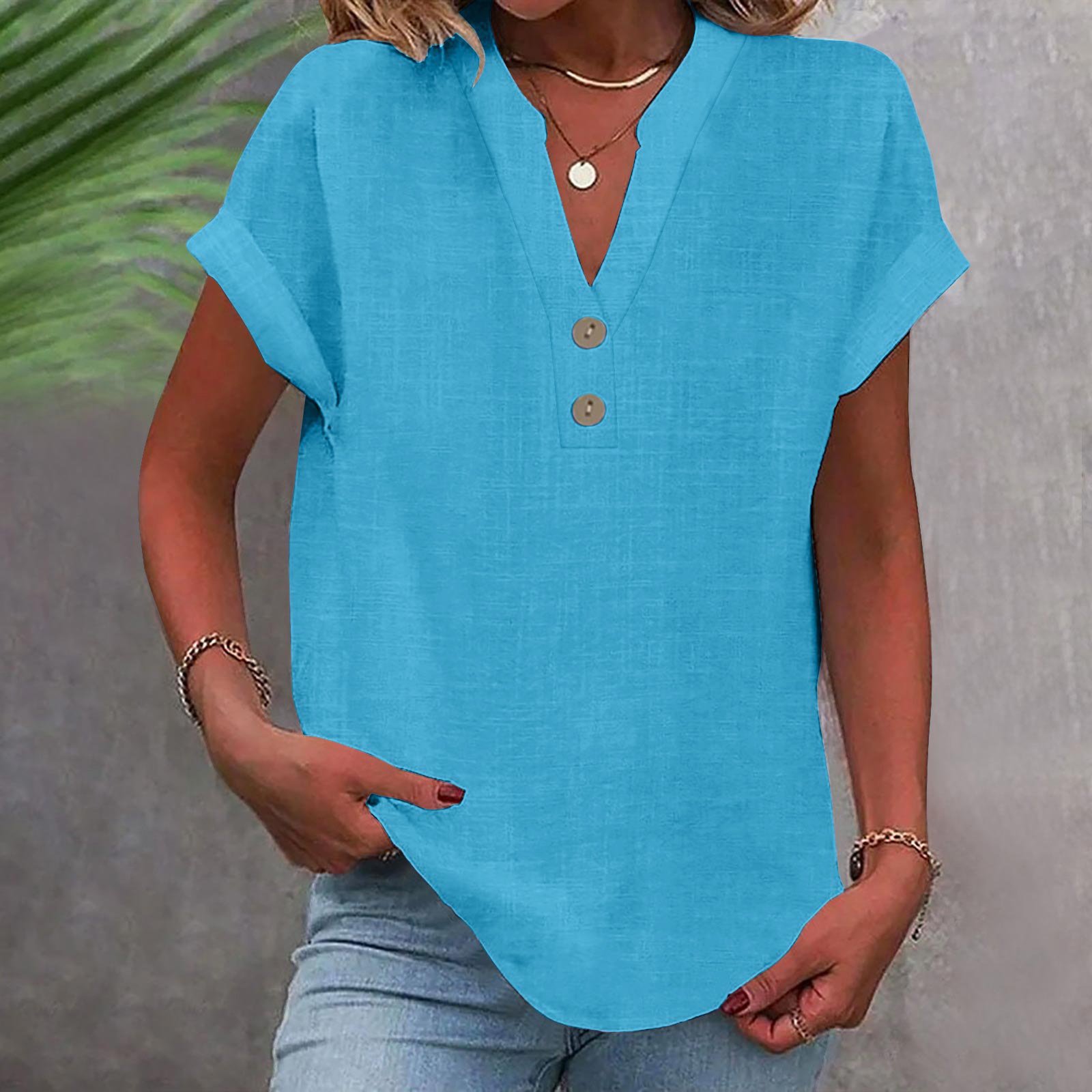 2025 European And American Summer Solid Color Stand Collar Button Short Sleeve Women's Shirt_ecoleips.com