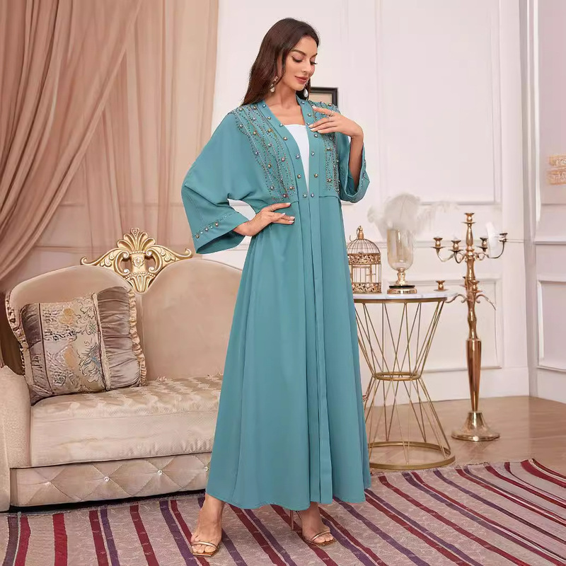 Middle East New Pure Color Hand-Stitched Turkish Moroccan Plaid Cardigan Robe