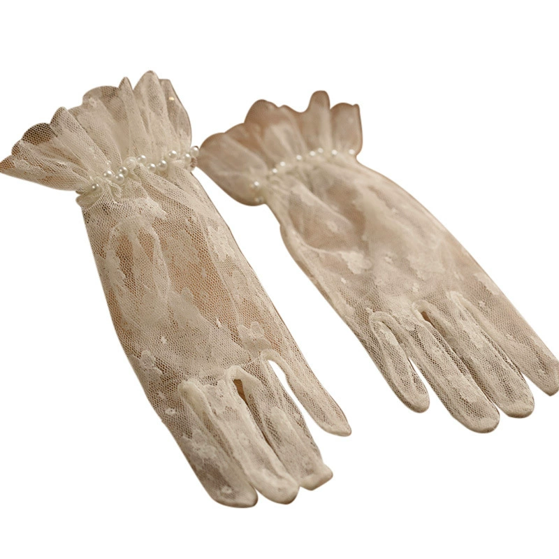 Wedding dress for bride, retro lace short gloves with bow from pearl, high-quality style