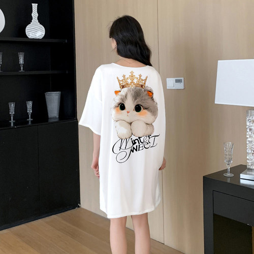 Yaoting pajamas women's satin chiffon digital printed round neck pullover short-sleeved nightgown SQ2273
