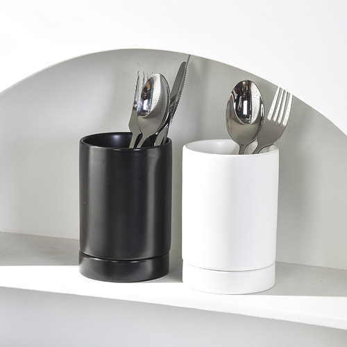 Multifunctional Japanese-style ceramic double-tube drain chopstick tube matte chopstick holder chopstick cage knife and fork storage box chopstick bucket