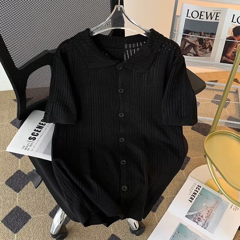 Retro con solapa agujerada de punto camiseta de manga corta camiseta de verano suelta para hombres y mujeres camiseta de cuello de polo de alta calidad