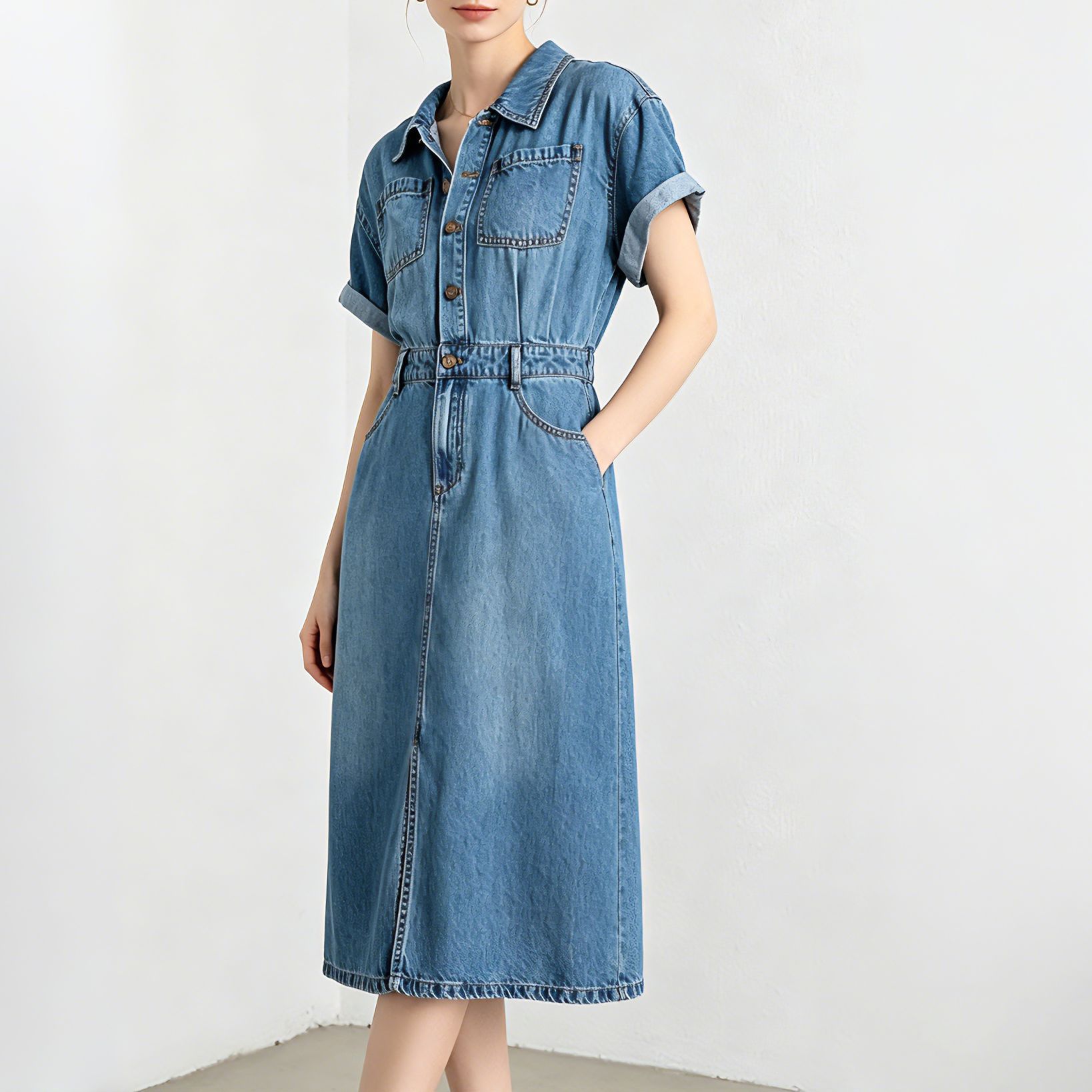 Đầm maxi nữ thắt eo chất liệu denim phối tơ acetate mềm mại, không bí bách — xanh lam chi tiết 3