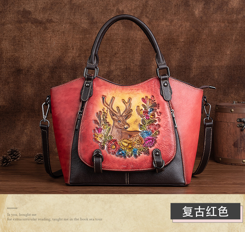 Túi xách tay nữ da bò cổ điển phong cách Trung Hoa, màu xéo vintage, sức chứa lớn — Màu đen cổ điển, Màu nâu cổ điển, Màu đỏ cổ điển chi tiết 11