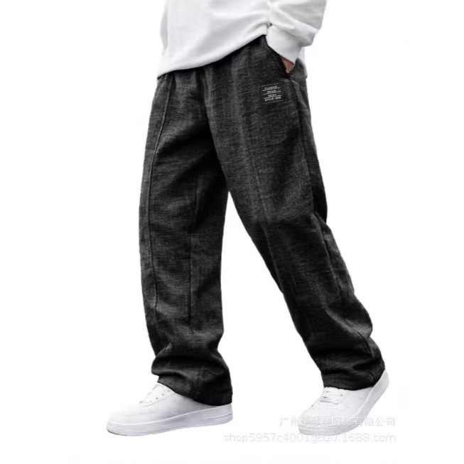 2026 European and American Cross-Border Men's Casual Cotton-Linen Fabric Embroidered Logo Drawstring Loose Elastic Waist Pocket Pants 2026 European and American Cross-Border Men's Casual Cotton-Linen Fabric Embroidered Logo Drawstring Loose Elastic Waist Pocket Pants