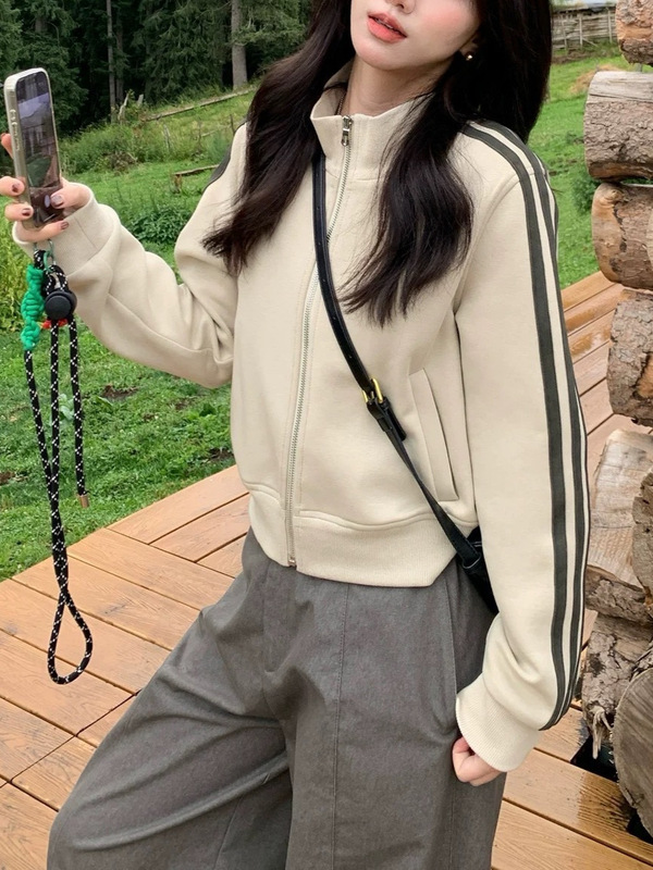 立领拉链短款卫衣外套休闲百搭收腰上衣+高腰阔腿弯刀裤宽松|undefined