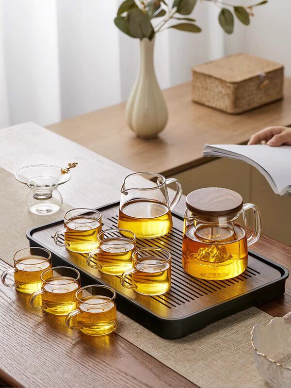 Glass Tea Set with Teapot for Home, Office, and Living Room Use, Luxury Tea Tray, and Kung Fu Tea Cups