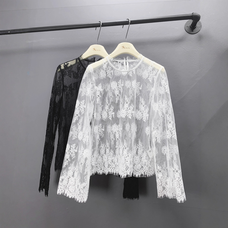 Round Neck Lace Shirt, Feminine Transparent Blouse, Transparent Mesh Bottoming Shirt, Women's Long-Sleeved Inner Layering Sunscreen Gauze Shirt