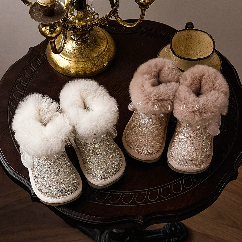 Кролик меховая девочка с блестками принцесса хлопчатобумажные сапоги плюшевые толстые зимние новые женские хлопковые сапоги