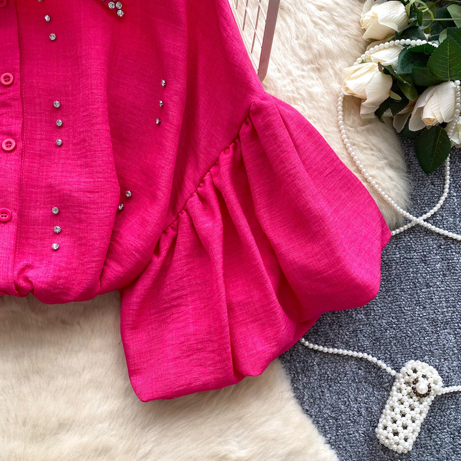 Women's French Style Rhinestone Blouse Summer Lantern Sleeve Cardigan Beaded Collar Loose Fit Versatile High End Top Heavy Duty_ecoleips.com