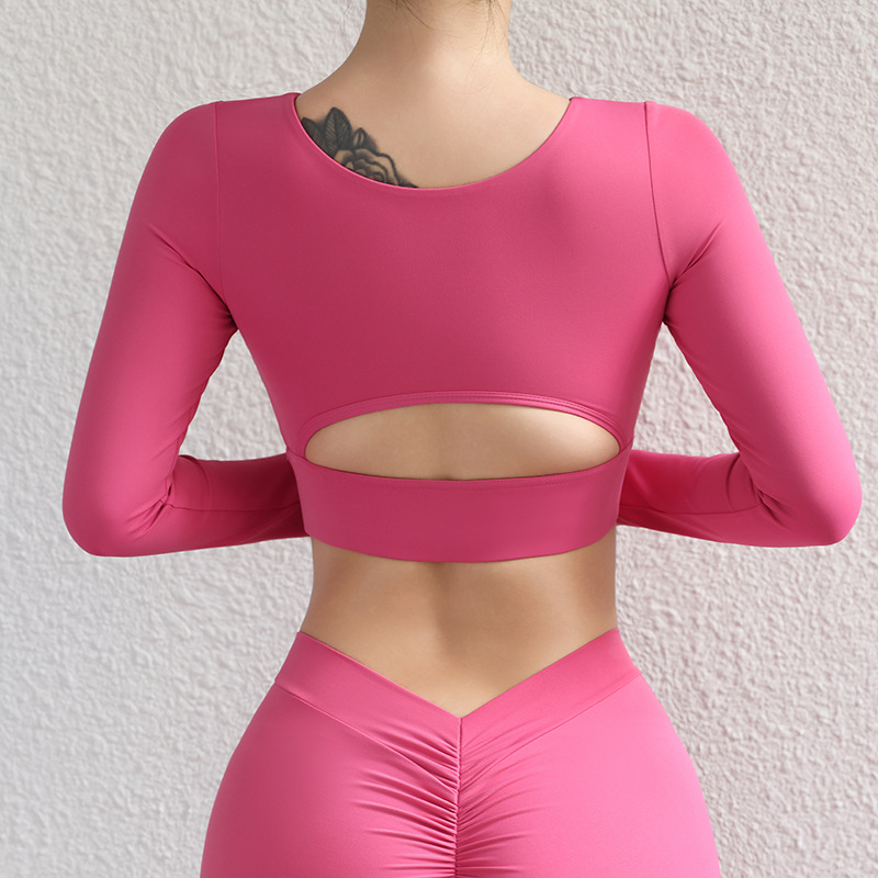 Primavera y otoño hueco hermosa espalda sexy con cojín de pecho camisa deportiva de manga larga, ropa de yoga apretada, ropa de entrenamiento para mujeres