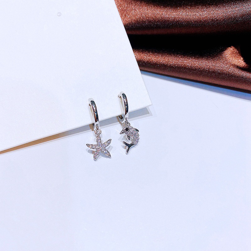 Cute Starfish Dolphin Small Ear Clip Gold Plated Zircon-Embedded Earrings
