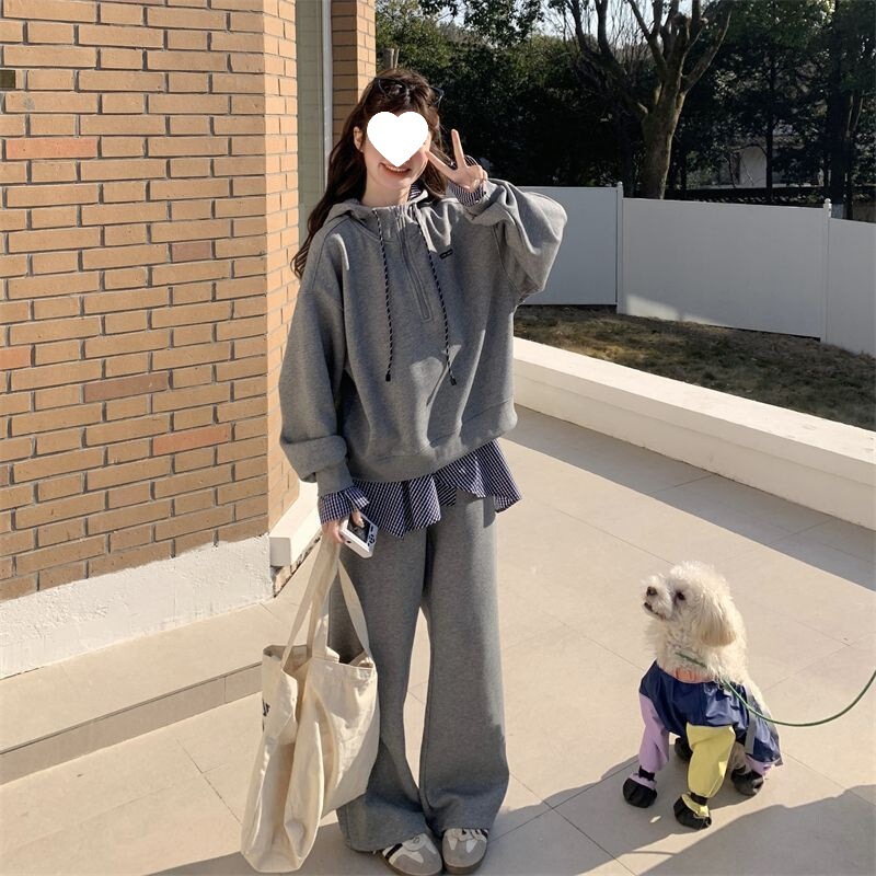 大码学院风休闲运动套装女秋季新款胖MM宽松连帽卫衣阔腿裤两件套|undefined