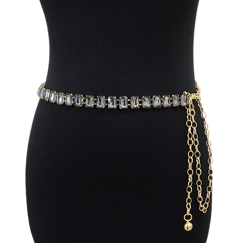 Nuevo cinturón de las mujeres brillante color sólido gema decorativa cristal con incrustaciones cadena de metal cadena de la cintura accesorios en stock al por mayor