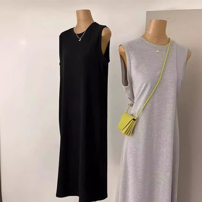 Amazon Korean style women's summer solid color loose T-shirt sleeveless vest skirt home casual dress with slit