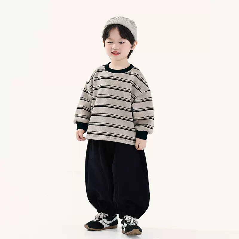 畅果童装男童加绒卫衣冬装新款儿童中小童条纹加厚上衣韩版套头衫