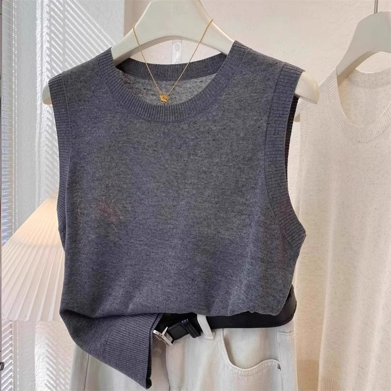 Gray Tencel Linen Knitted Vest for Women, Spring & Fall Loose Flesh-Covering Round Neck Sleeveless Bottoming Shirt, Suit Inner Wear