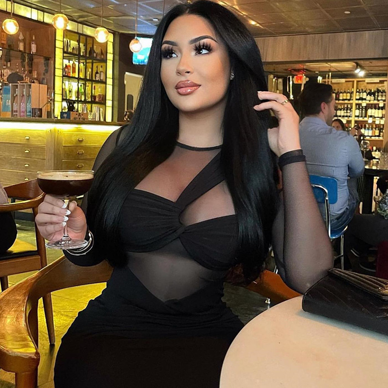 European and American women's wear cross-border foreign trade manufacturers 2022 new round neck mesh stitching long sleeve mid-length tight dress