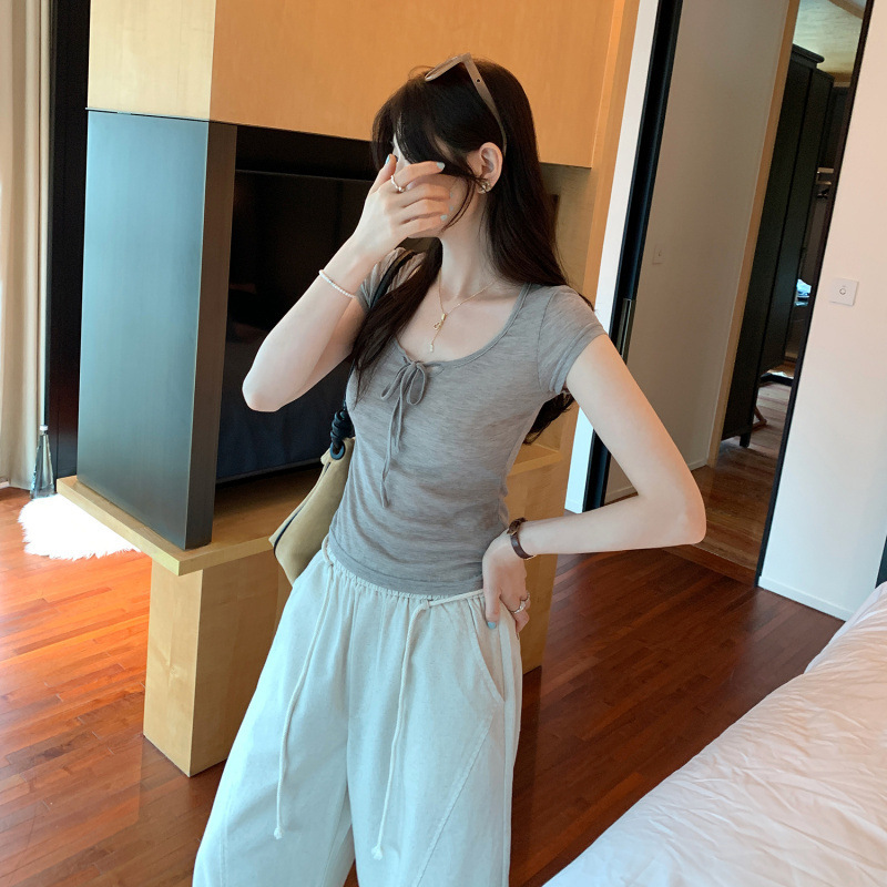 特別オファー卸売蝶ネクタイ薄い白い右肩半袖Tシャツフェミニンな新しいスタイル夏に見栄えが良い|undefined