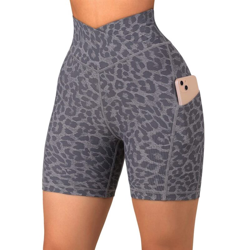 2022 summer women's cross sports tight shorts with pocket 5 inch high waist slimming riding leopard print high elasticity