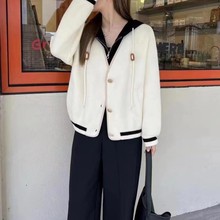 2025欧洲站秋冬款假两件双面呢连帽仿貂绒针织女外套宽松百搭上衣