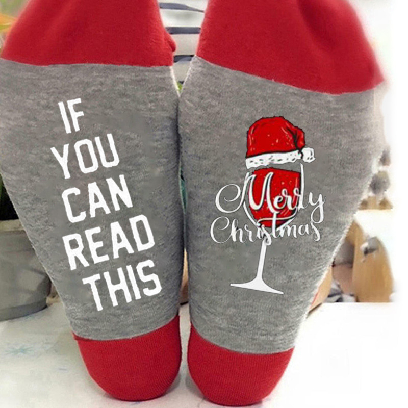 Calcetines navideños con letras de colores en contraste, estampado de muñeco de nieve, calcetines unisex de algodón con elementos navideños para comercio exterior.