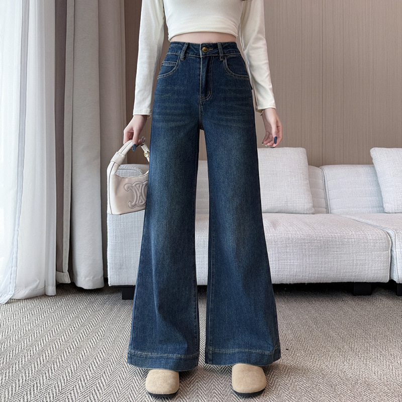 2026 Autumn American Style Stretch Versatile Denim Straight Wide-Leg Pants for Petite Women 145CM