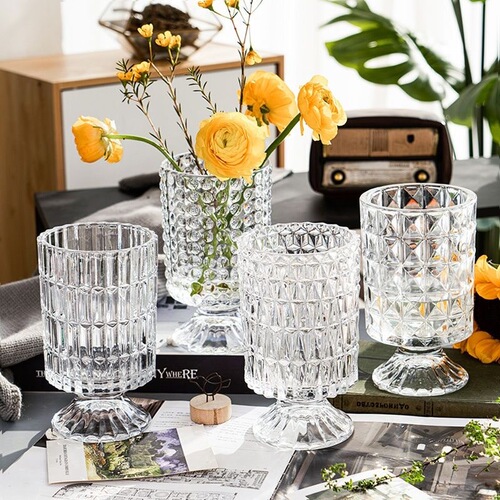 French carved transparent glass vase hydroponic flower pot living room dining room decoration Insta decoration ornament wholesale