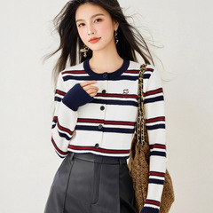 R9162小个子复古条纹针织开衫韩系学院慵懒毛衣外套上衣女秋冬潮